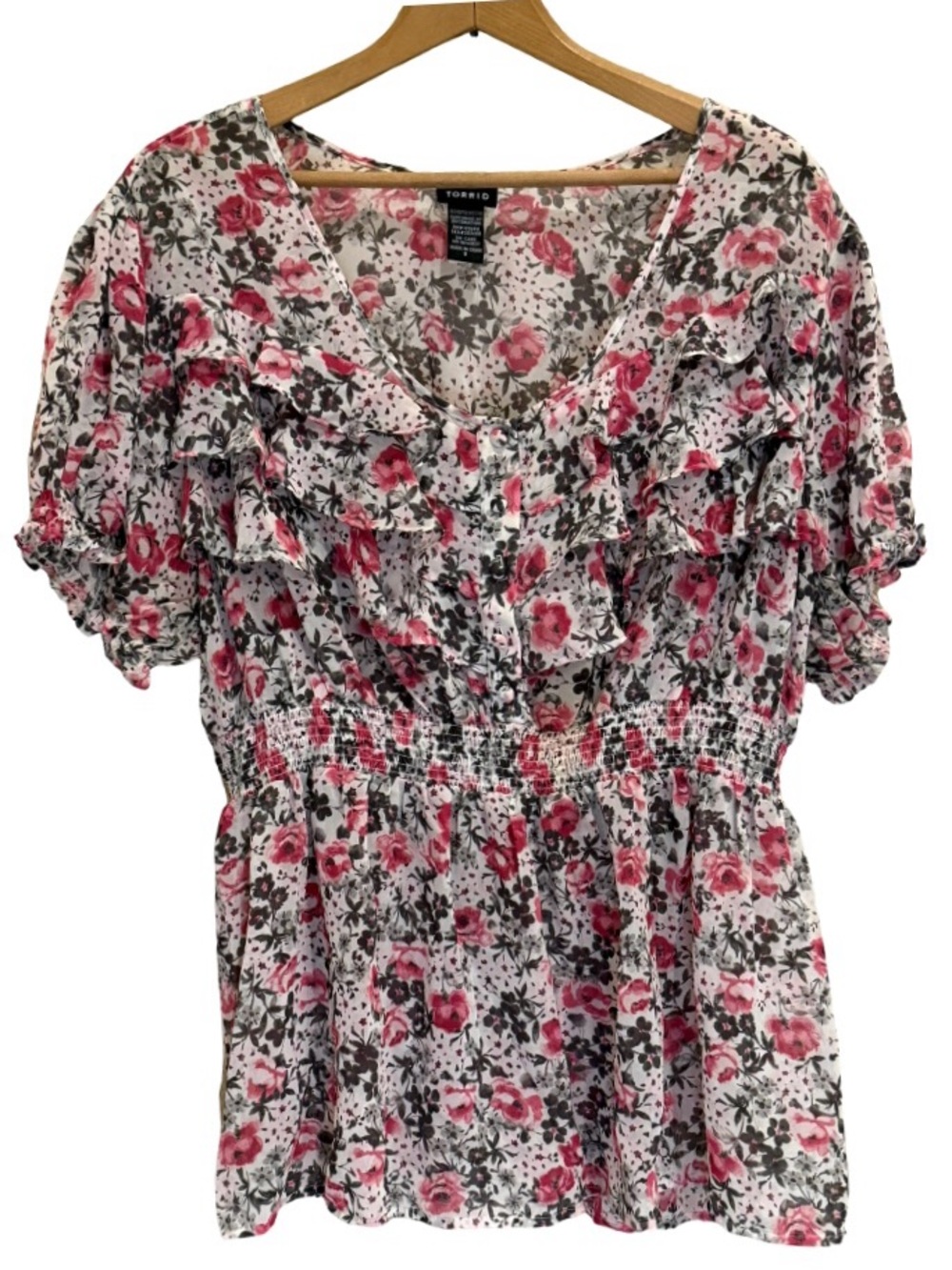 Torrid Pink Rose Floral Ruffle Smocked Peplum Blouse Plus Size 2 2X EUC
